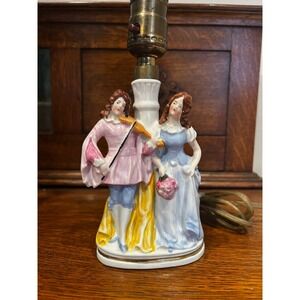Vintage Porcelain Courting Couple Table Lamp Base Violinist Figurine Pink Blue